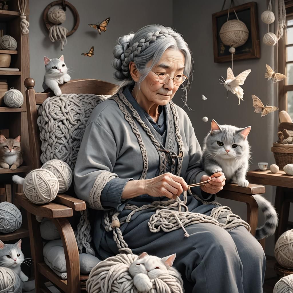 Anime Portrait: Old Woman Knitting with Cat, 3D Render