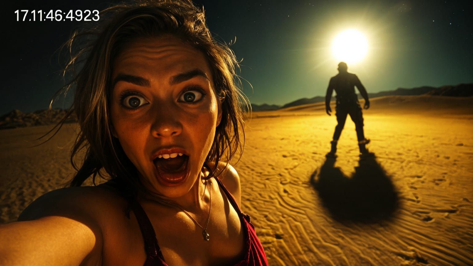 Panicked selfie in a moonlit desert