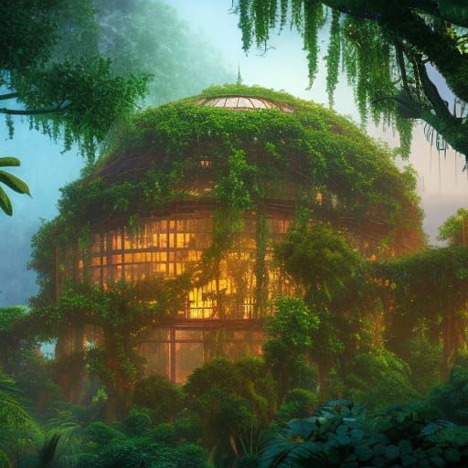 massive jungle tree house with golden glass dome undefined