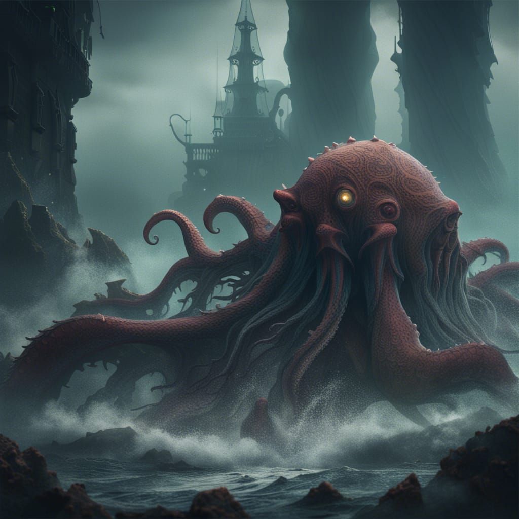 Thick Mist On The Ocean And A Cthulhu Slowly Emerging From The Dark Sea