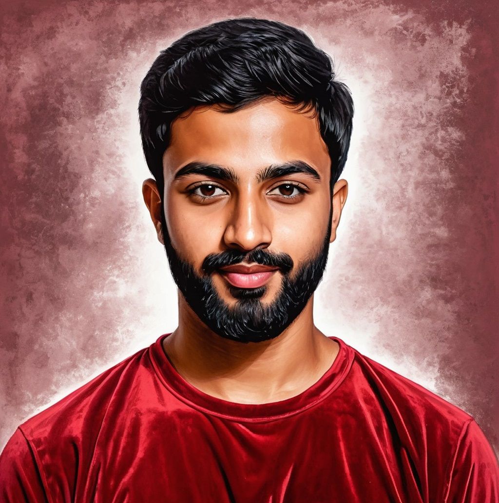 A bearded man wearing red velvet T-shirt