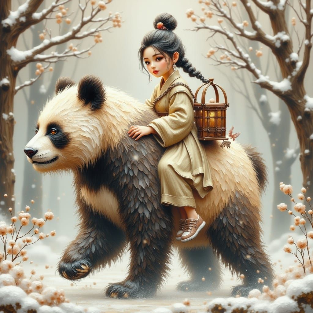 <lora:ImpastoRama:1.0> An Asian girl wearing old coarse linen clothes rides a giant panda and carries ...  by @aslan