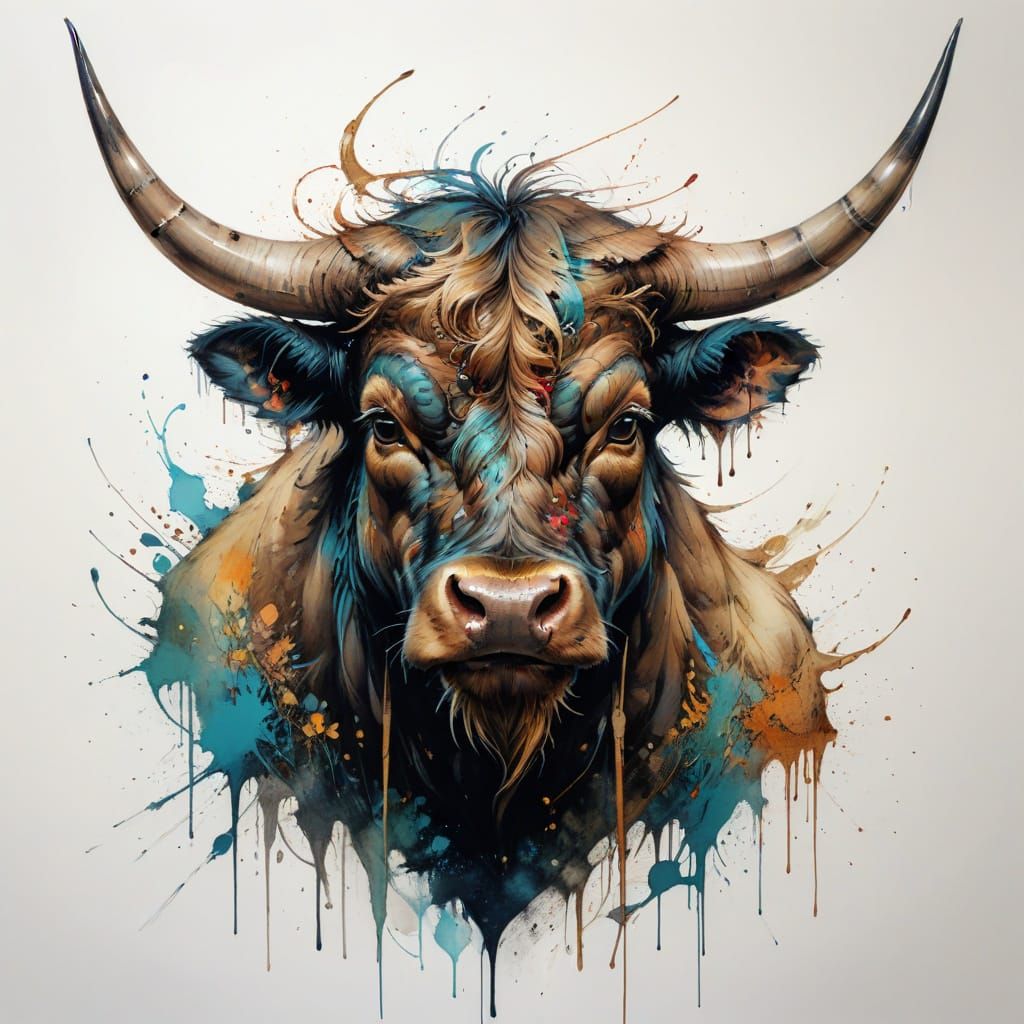 Spanish bull, fierce horns, in the style of Carne Griffiths  by @MrKitWalker