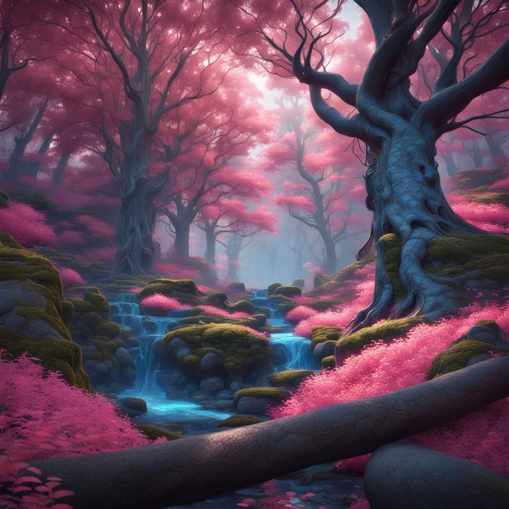 a beautiful magical forest with pink leaves and blue trunks - AI Generated  Artwork - NightCafe Creator
