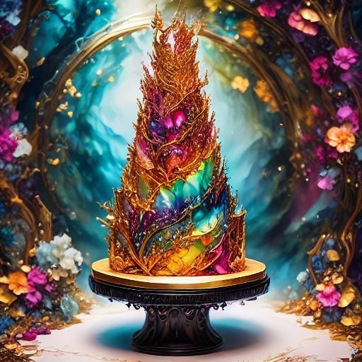 Epic <lora:Fantasy Inkling:1.0> closeup of a beautiful fantasy multitiered cake, alcohol-ink masterpiece, clean lines,  sharp focus