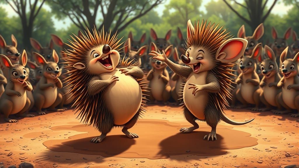  Echidnas breakdancing on a dirt patch