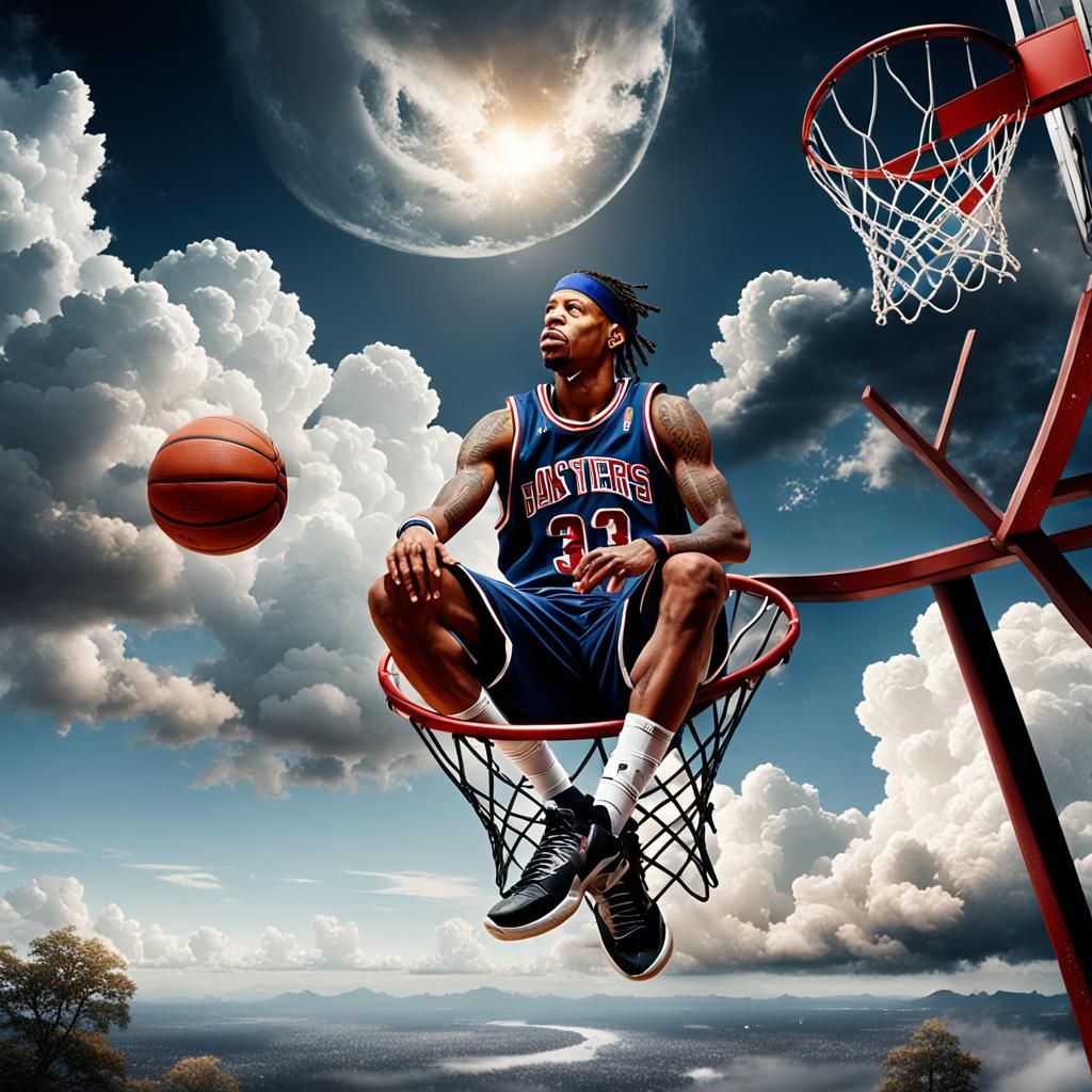 Allen Iverson, Sitting on a Basketball Rim, Clouds