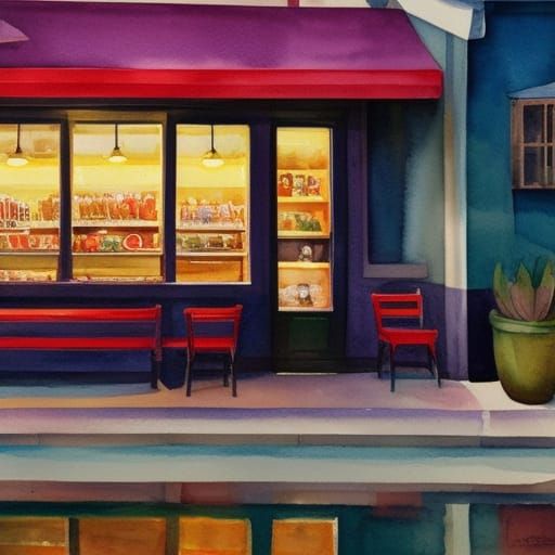 A watercolor painting of a coffee shop with realistic elemen...