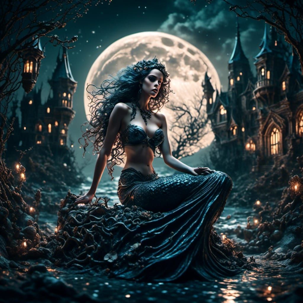 <lora:Boudoir Glamor:1.0> Beautiful gothic mermaid, under full moon, half frame split, sharp focus, Hyperrealistic, 8k, insanely detailed, d...