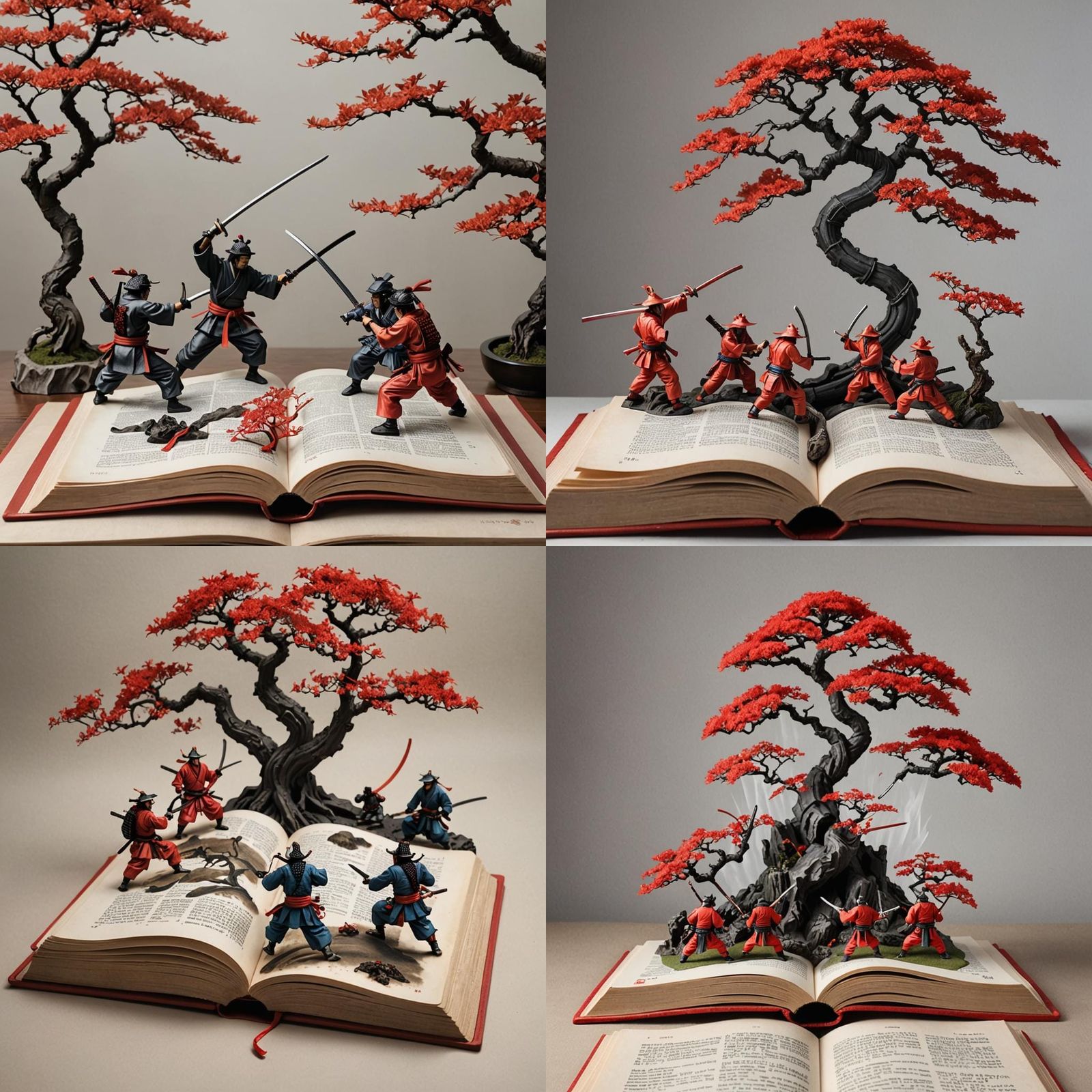 A realistic photo of an opened book from which emerges 1 red...