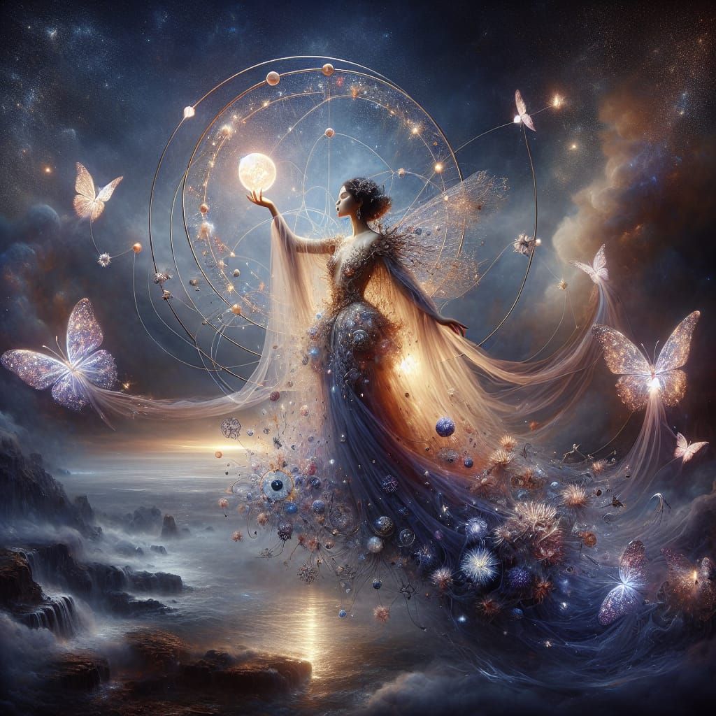 Dreamlike fantasy of a woman floating over a misty twilight ocean, wearing a gown of stars and broken glass. She holds a...