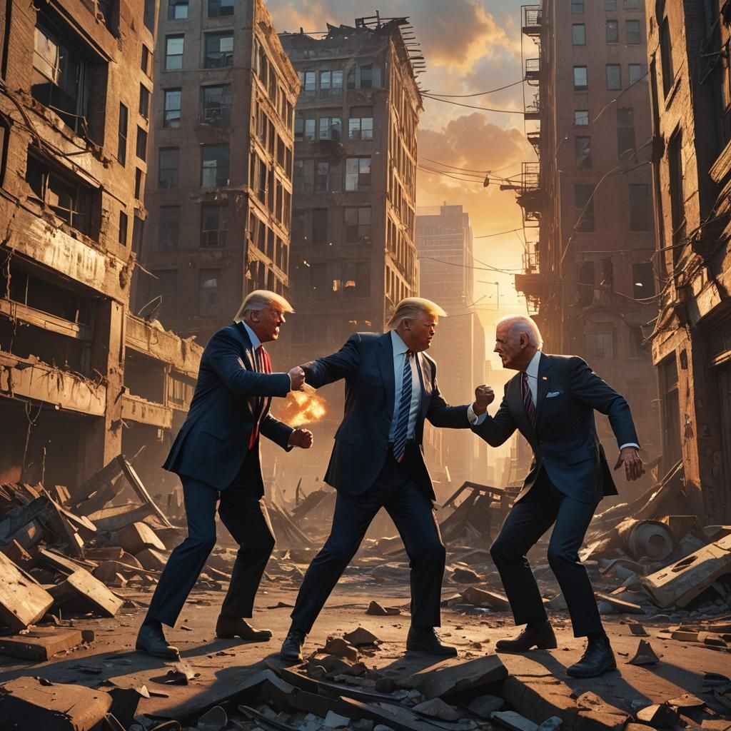 Trump and Biden Boxing in Dystopian Cityscape
