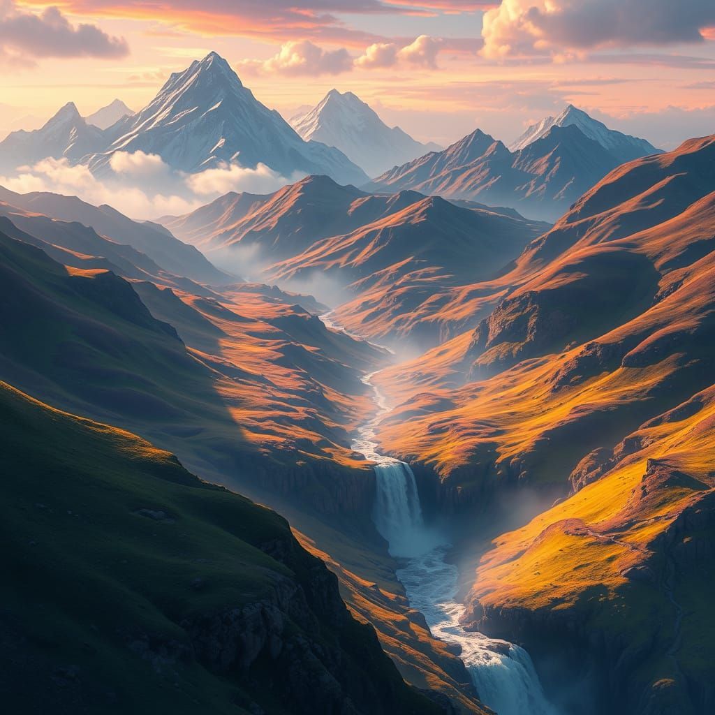 Dreamy Fantasy Landscape with Waterfalls