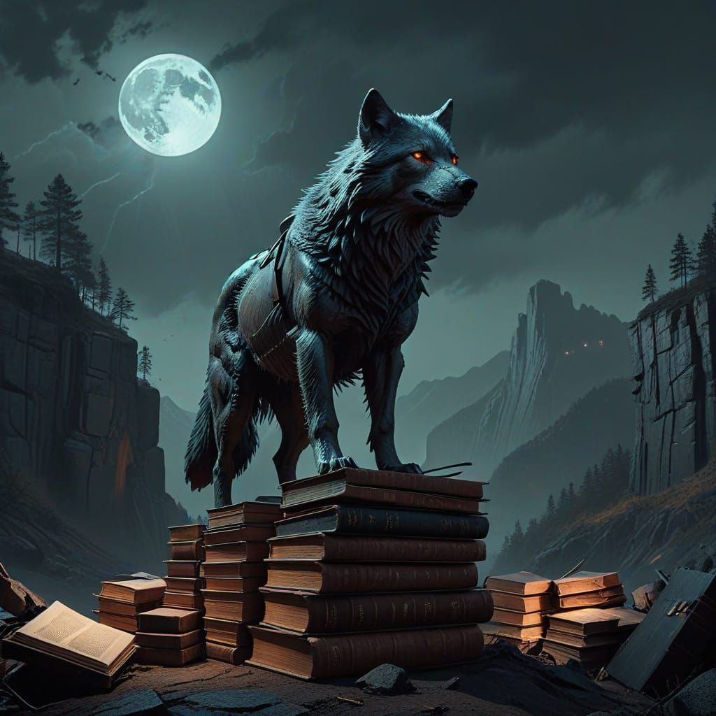 Wolf Dominates Tower of Ancient Tomes Under Moonlight