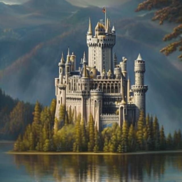 An intricate detailed medieval palace castle built on a  tre...