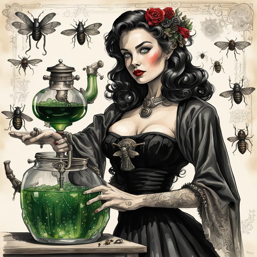 pinup style 1950 "professional, high quality, ink and wash +...
