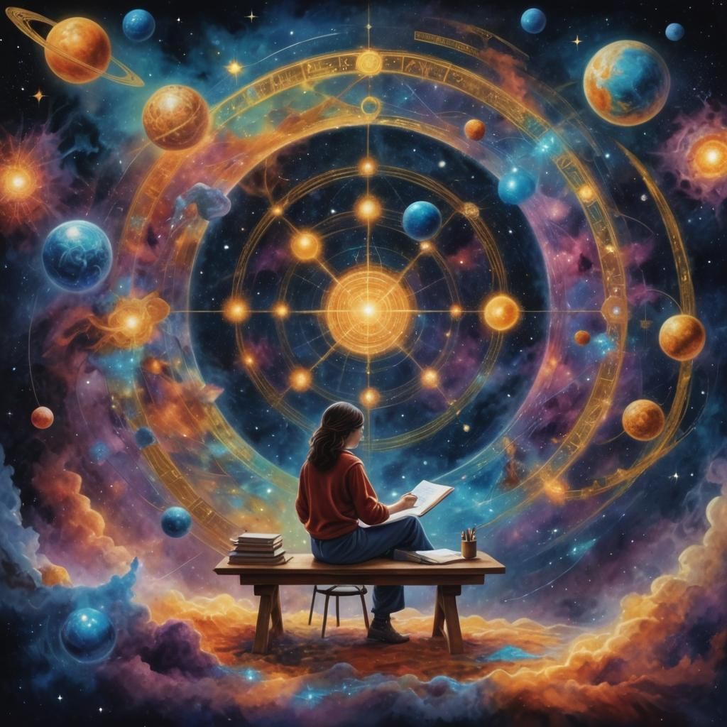 A woman writing a cosmic painting, links connected to links ...