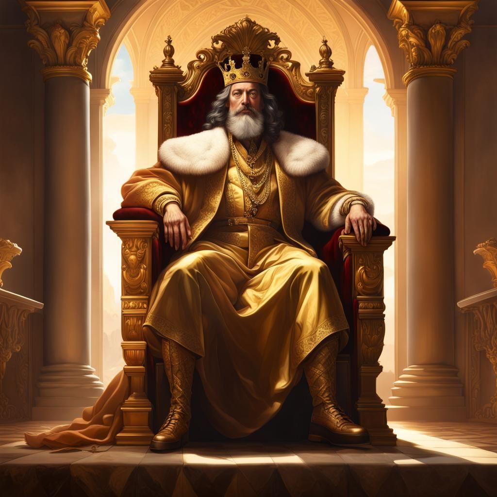 An image of a majestic King seated on an opulent throne, exuding regal ...