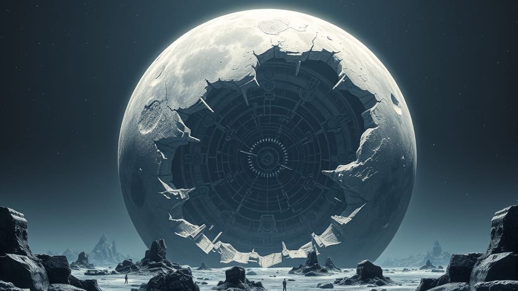 The Moon is hollow and open to space. Its shiny intricate complex gear work and mechanisms are exposed.