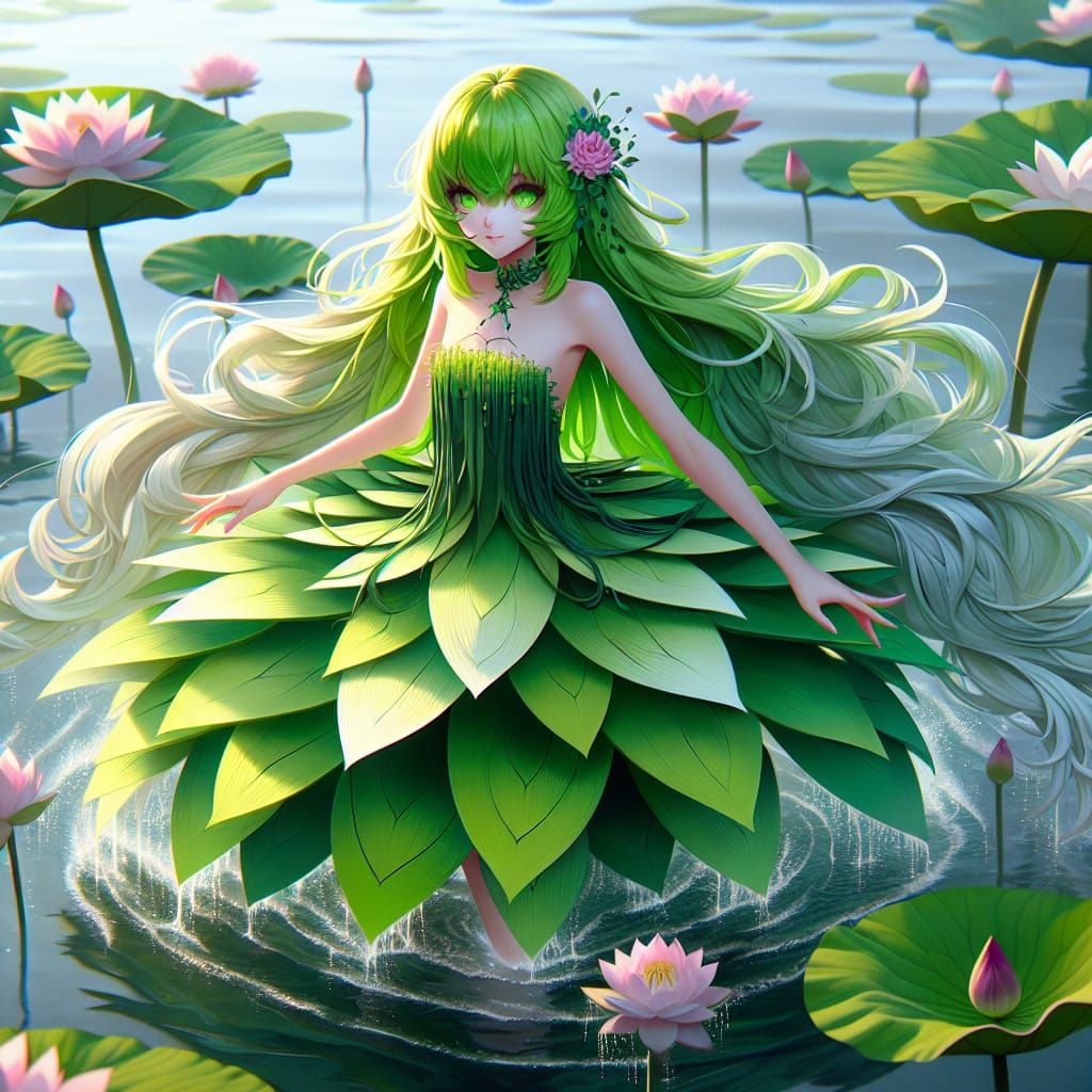 Anime girl with long lime green hair and bright green eyes i...