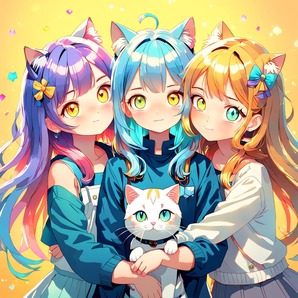 Anime Girls with Cat in Pastel Setting