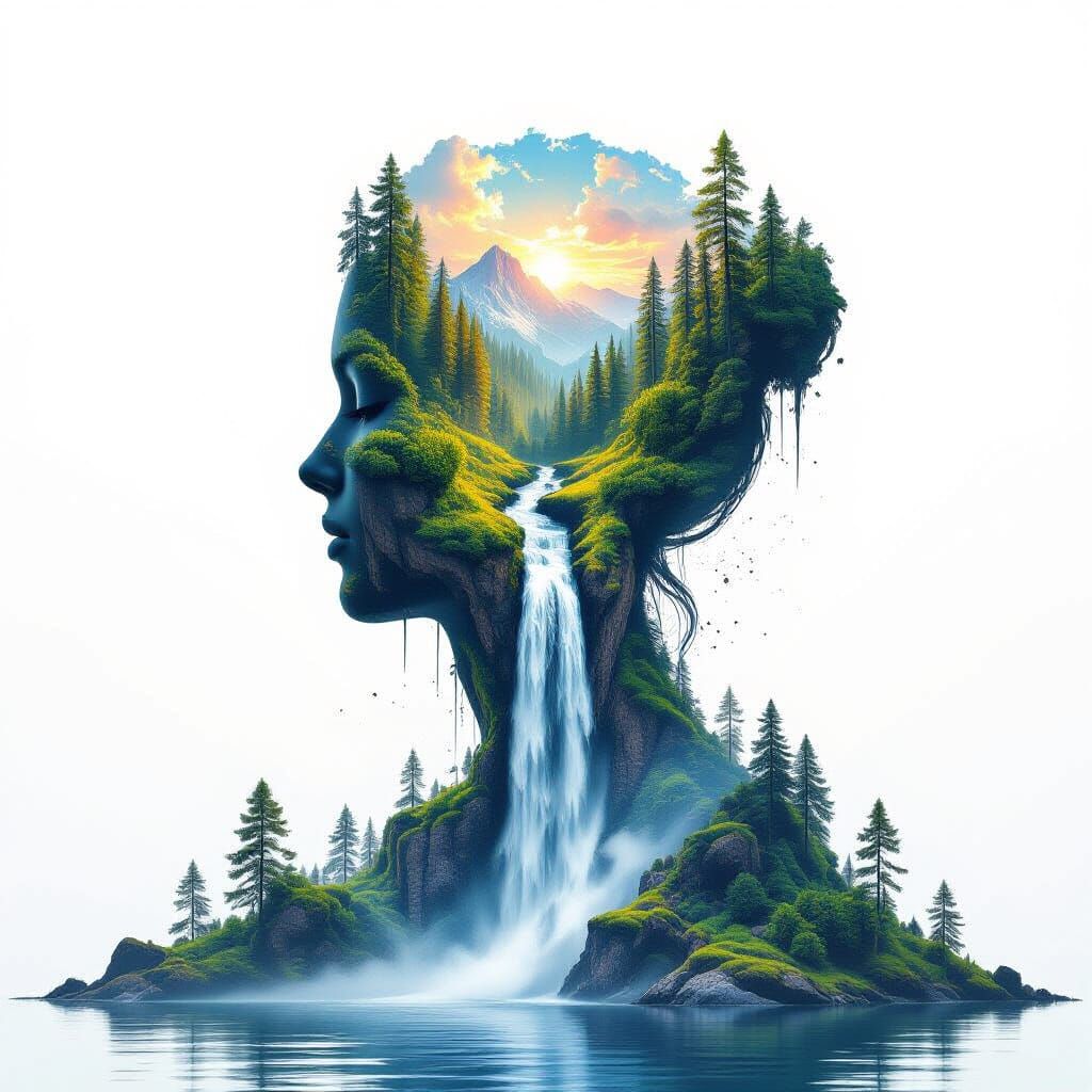 Double exposure of a waterfall and a forest landscape. The landscape forms a waterfall shaped like a ...  by @Observer1
