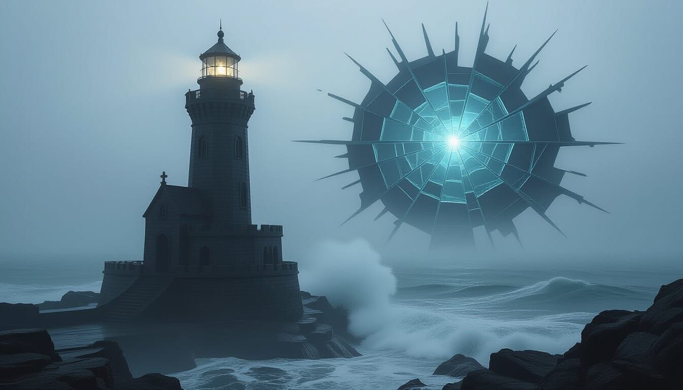 Picture a fantasy scene of an obsidian lighthouse made of tiers of intricate ledges with Gothic architecture on a rocky coast, glowing throu...