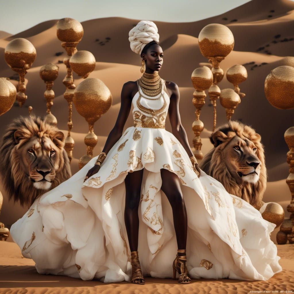 beautiful tall black woman with two space buns a thin white dress with golden ornaments <lora:African motives:1.0> 