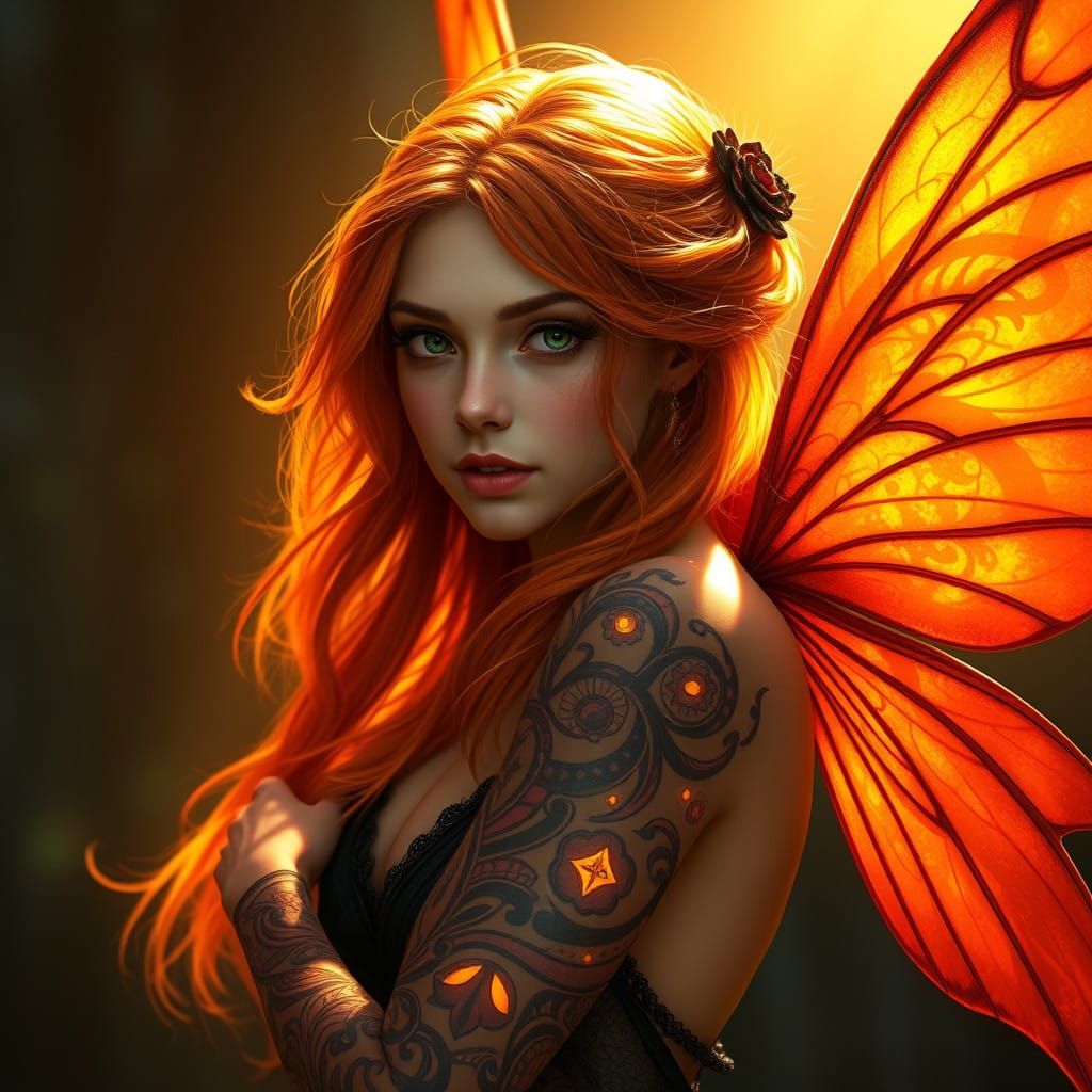 Fiery-Haired Fairy with Flame-Wreathed Wings in Golden Light