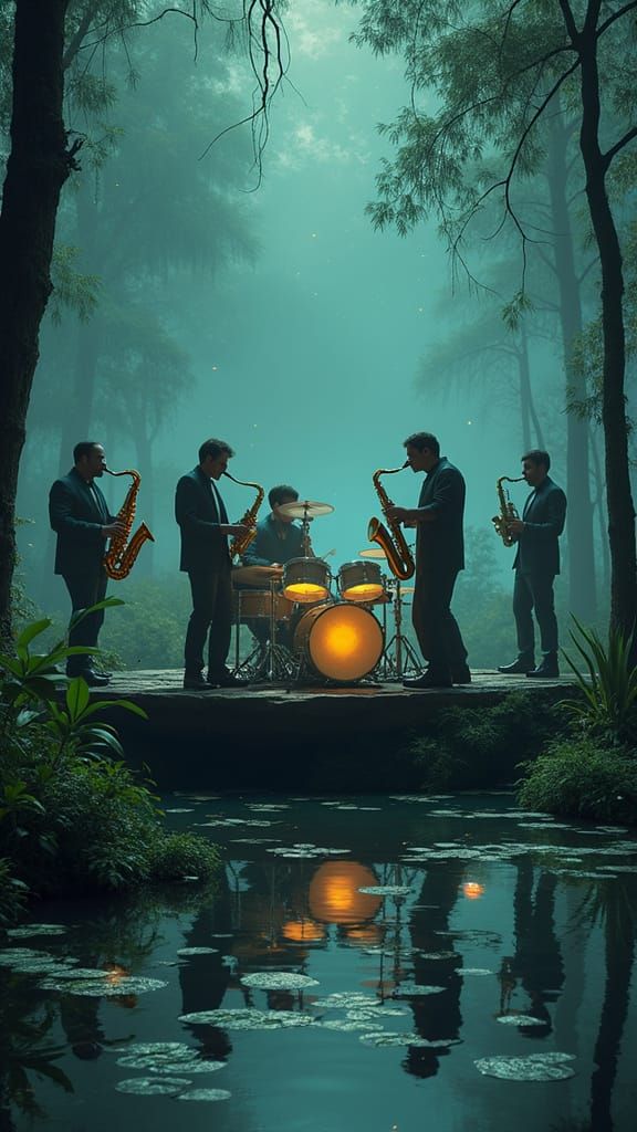 A lively and slightly surreal scene of a jazz band performing on a floating stage in the middle of a misty swamp. The musicians are playing ...