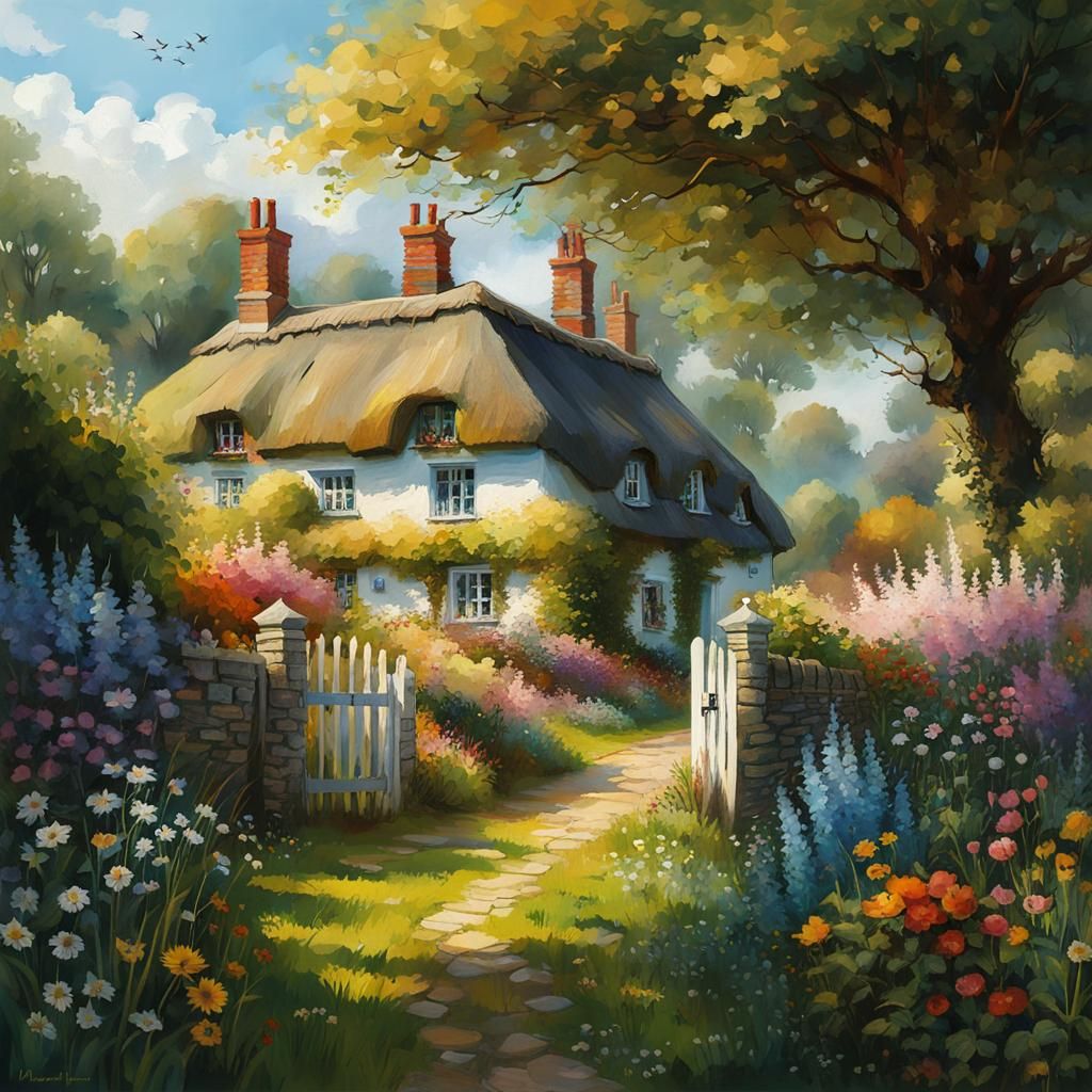 Thatched cottage with flower garden - AI Generated Artwork - NightCafe ...