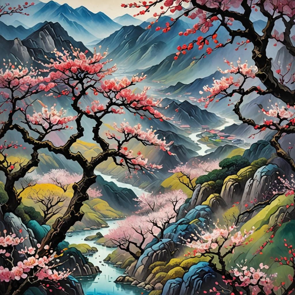 Ink Painting of Plum Blossoms in Mountainous Valley