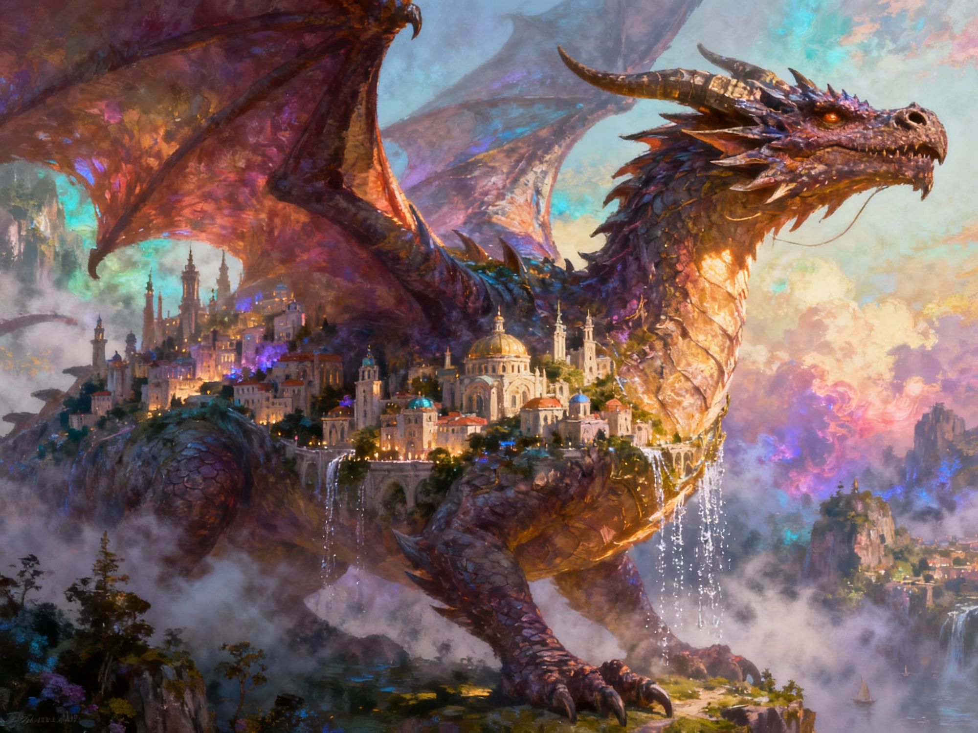 A colossal dragon that holds an entire city inside its chest, the scene is of epic proportions, incredible detail and mind blowing architect...