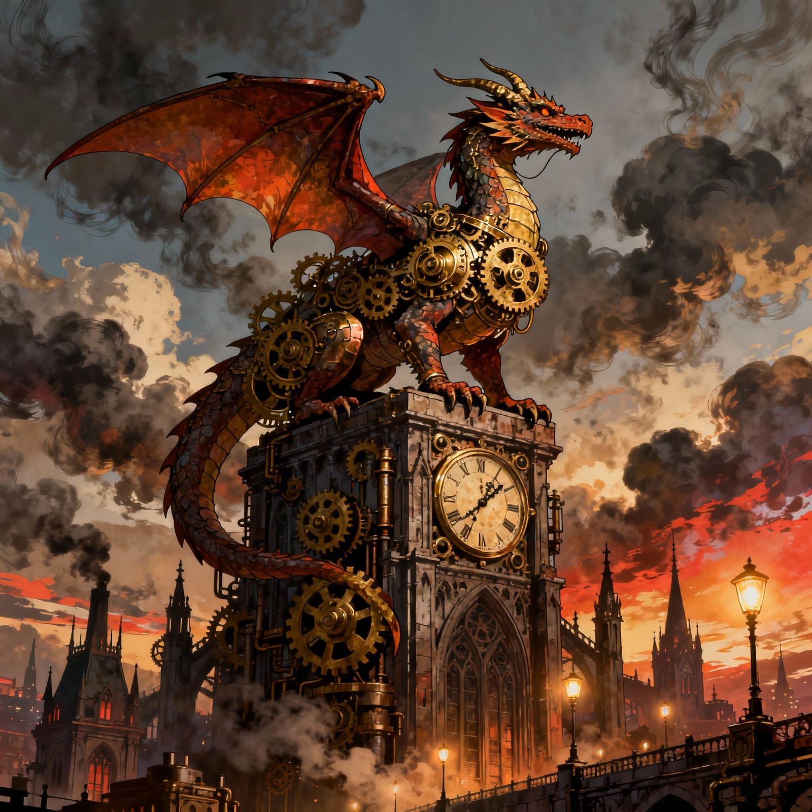 A majestic dragon, adorned with intricate brass gears and clockwork mechanisms, perches atop a towering, ...  by @Arianne Lopez-Hohmann