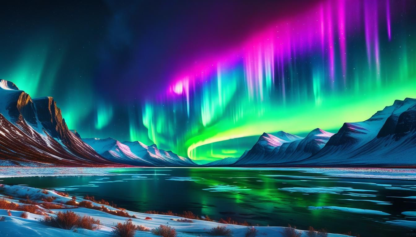 Stunning, dramatic, neon light, aurora borealis painting
