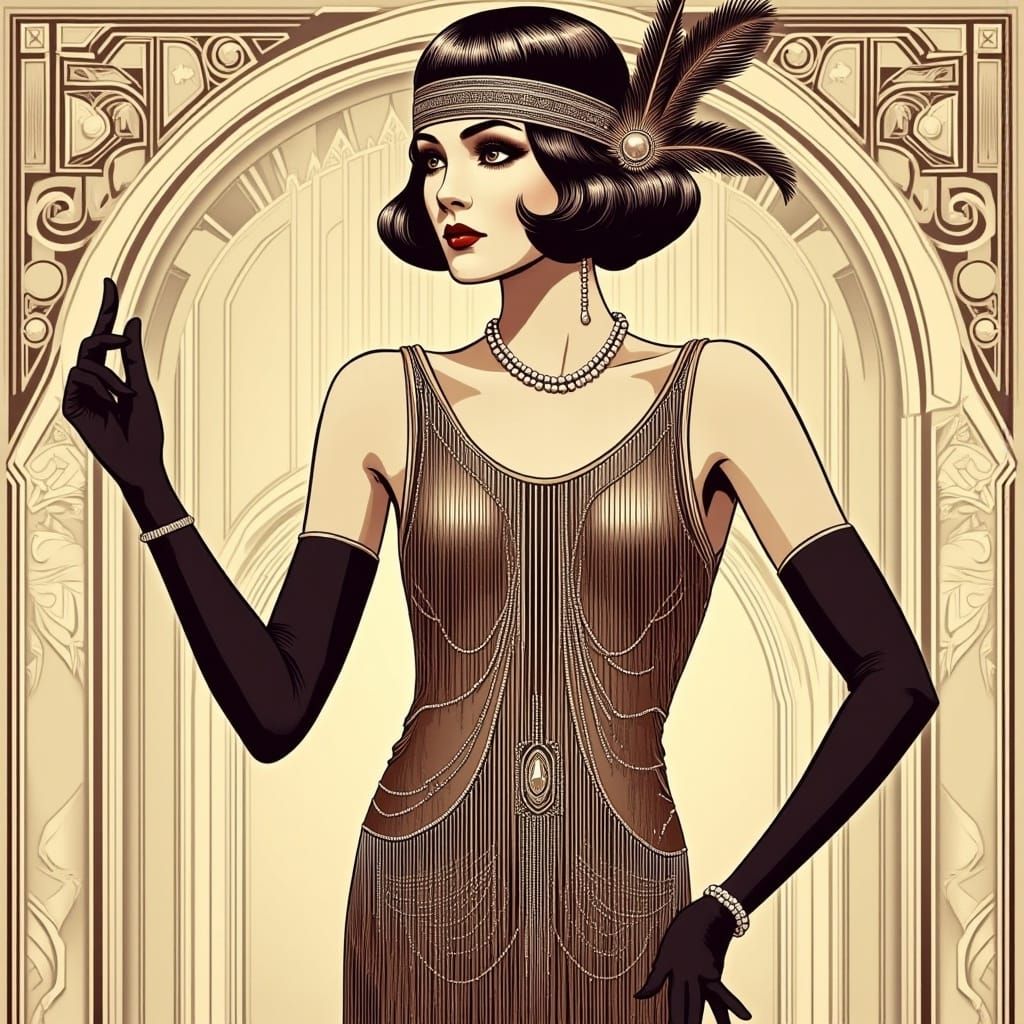 <lora:1920s flapper girls:1.0>Vintage fashion illustration of a 1920s_flapper_girl, art_deco, Gatsby, glamour 