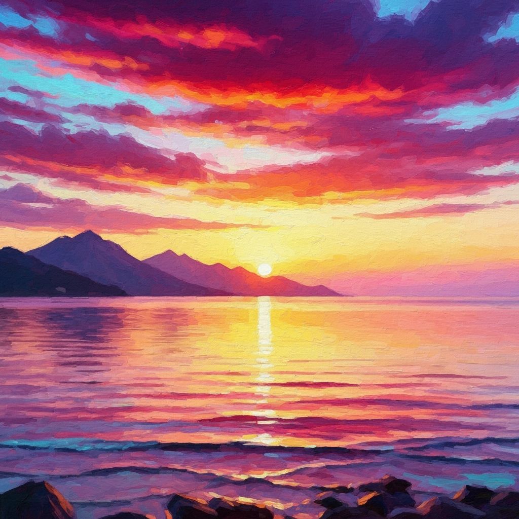 Geometric Fauvist Seascape Sunset in Oil and Watercolor