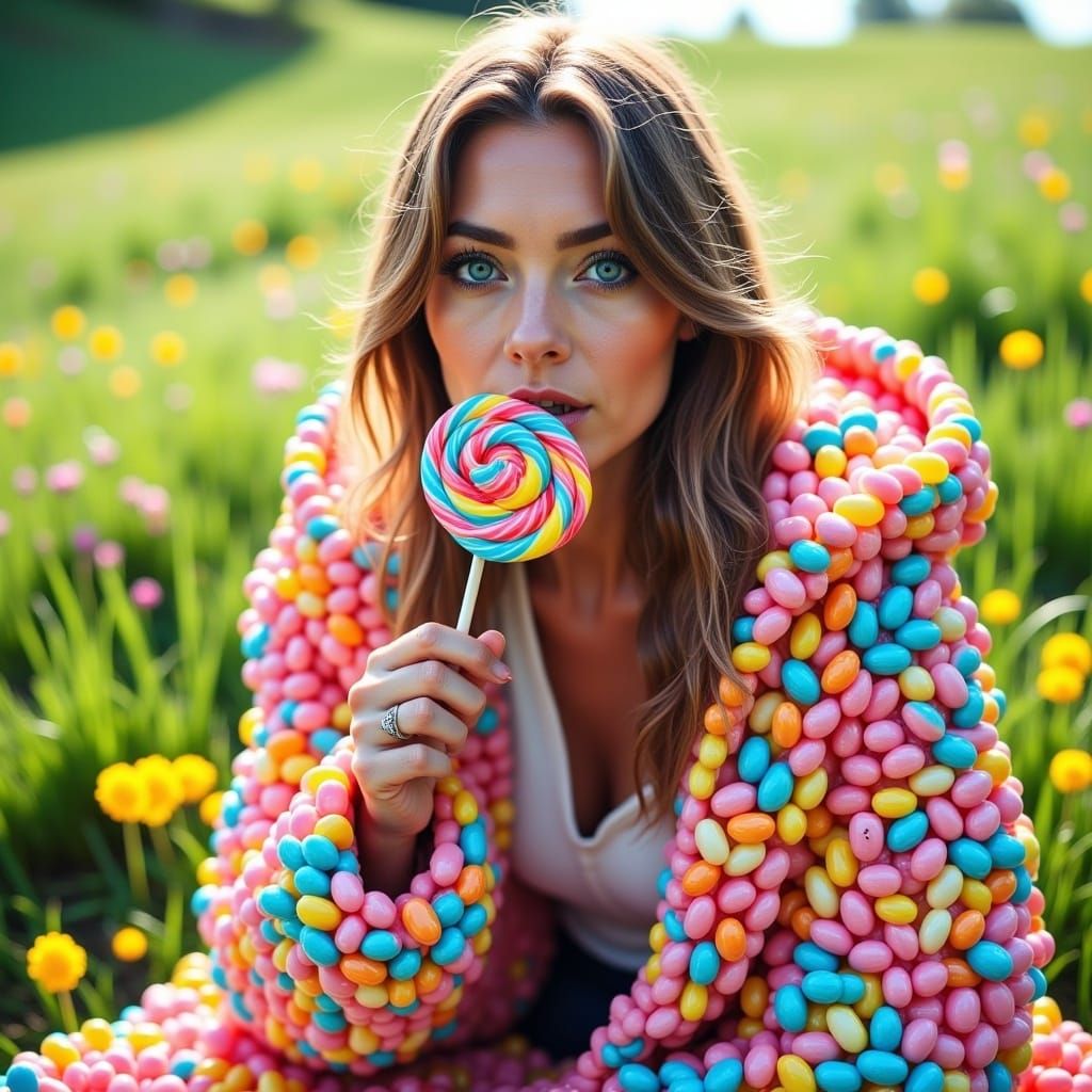 <lora:Candylike:1.0>A gorgeous woman with deep blue eyes is wearing an oversized long jacket made entirely of tiny, clustered and tight cand...