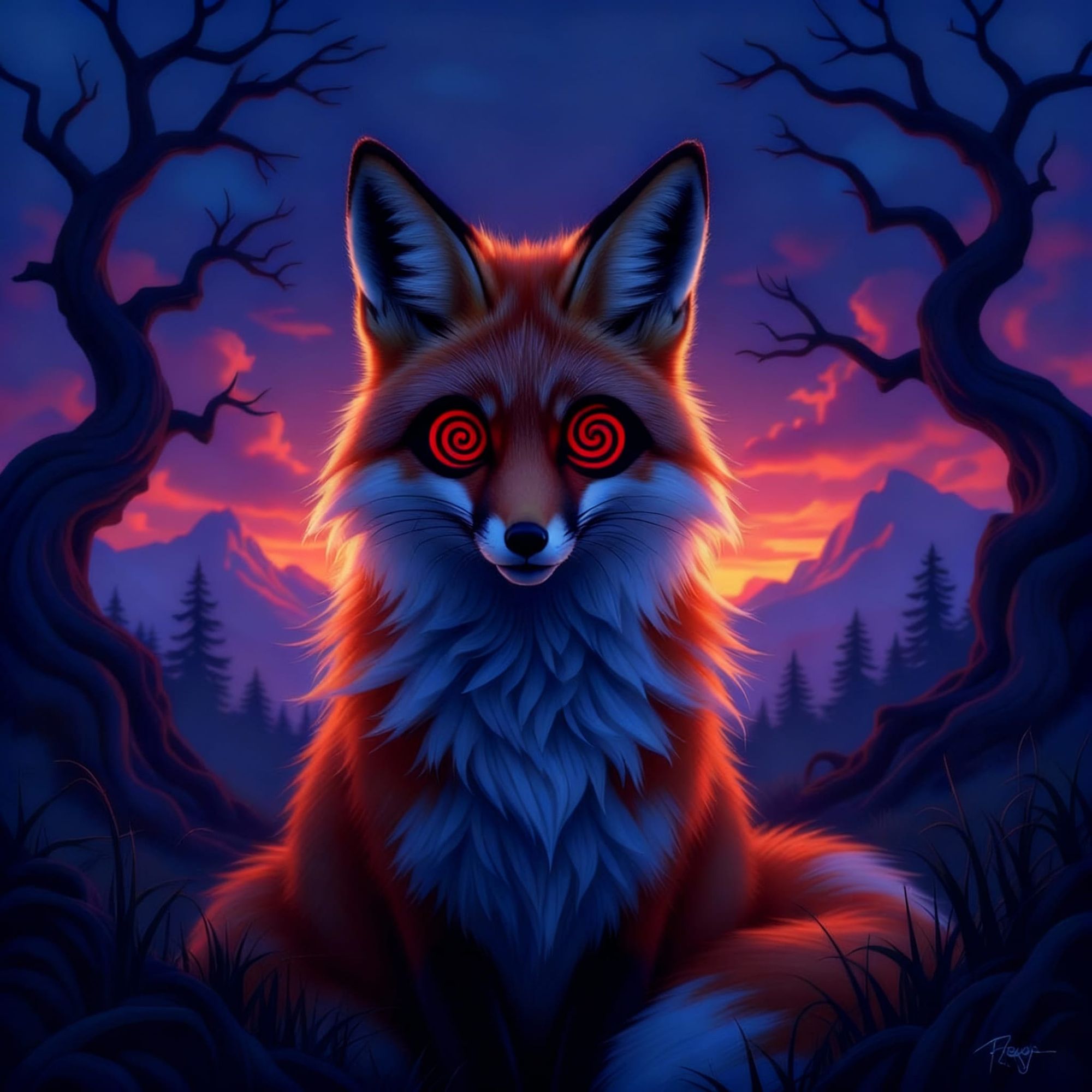 Landscape with a stunning humanoid female fox hypnotized