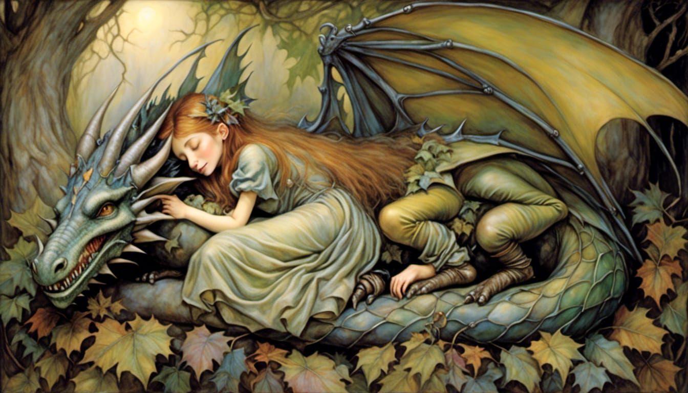 Girl Sleeping on Her Pet Dragon