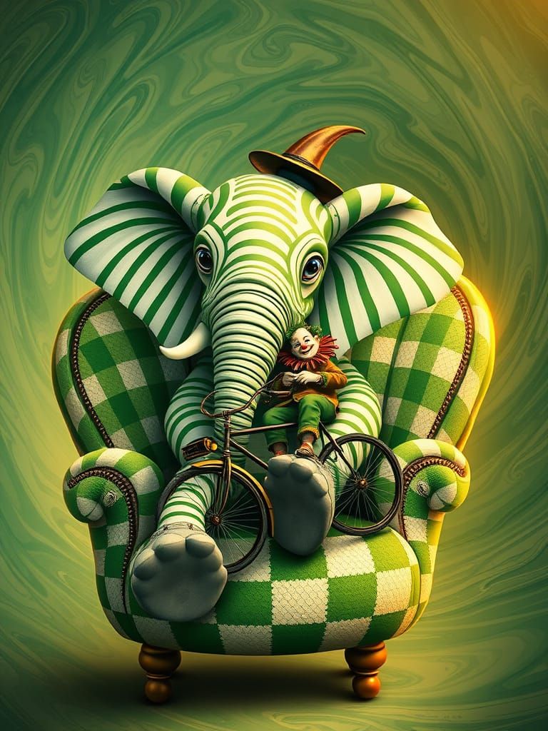 Green and white striped elephant with bright, inquisitive blue eyes, dressed in an abstract, swirling ...  by @esmirquinn