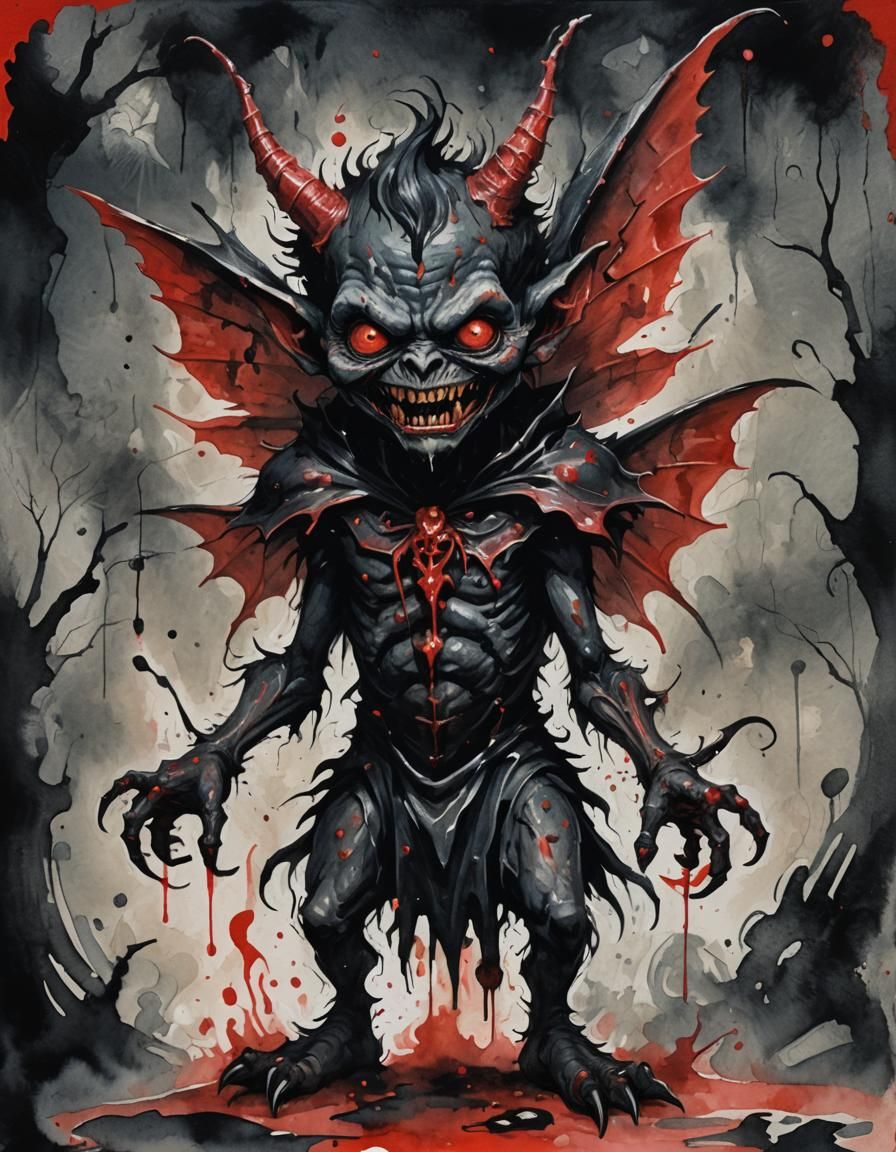 black and bloody red ink creepy evil monster imp fairy - AI Generated ...