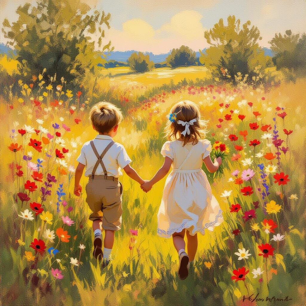 Children Picking Flowers in Sunlit Meadow