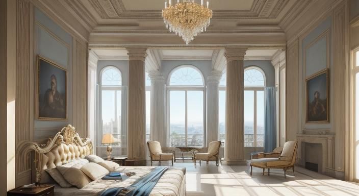 A sunny open bedroom in a Greco-Roman design . Large bed wit...
