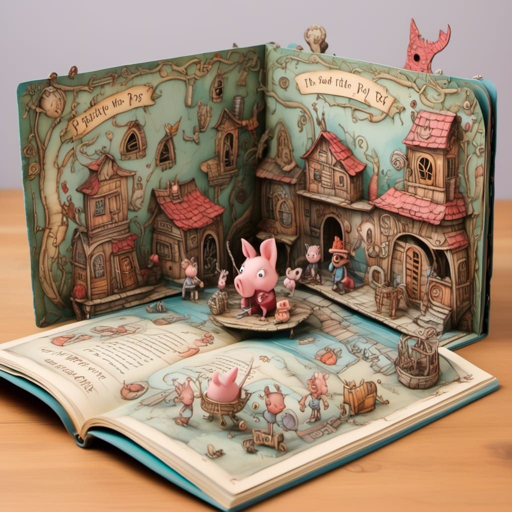 <lora:Pop-Up-Story:1.0>Pop up book flat on the table, open book, 3-Little-Pigs and the Big Bad Wolf