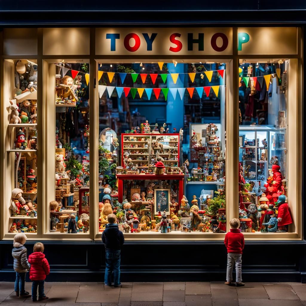 Toy shop window display very detailed lots of toys little humans looking in through outside window  by @MarkusP