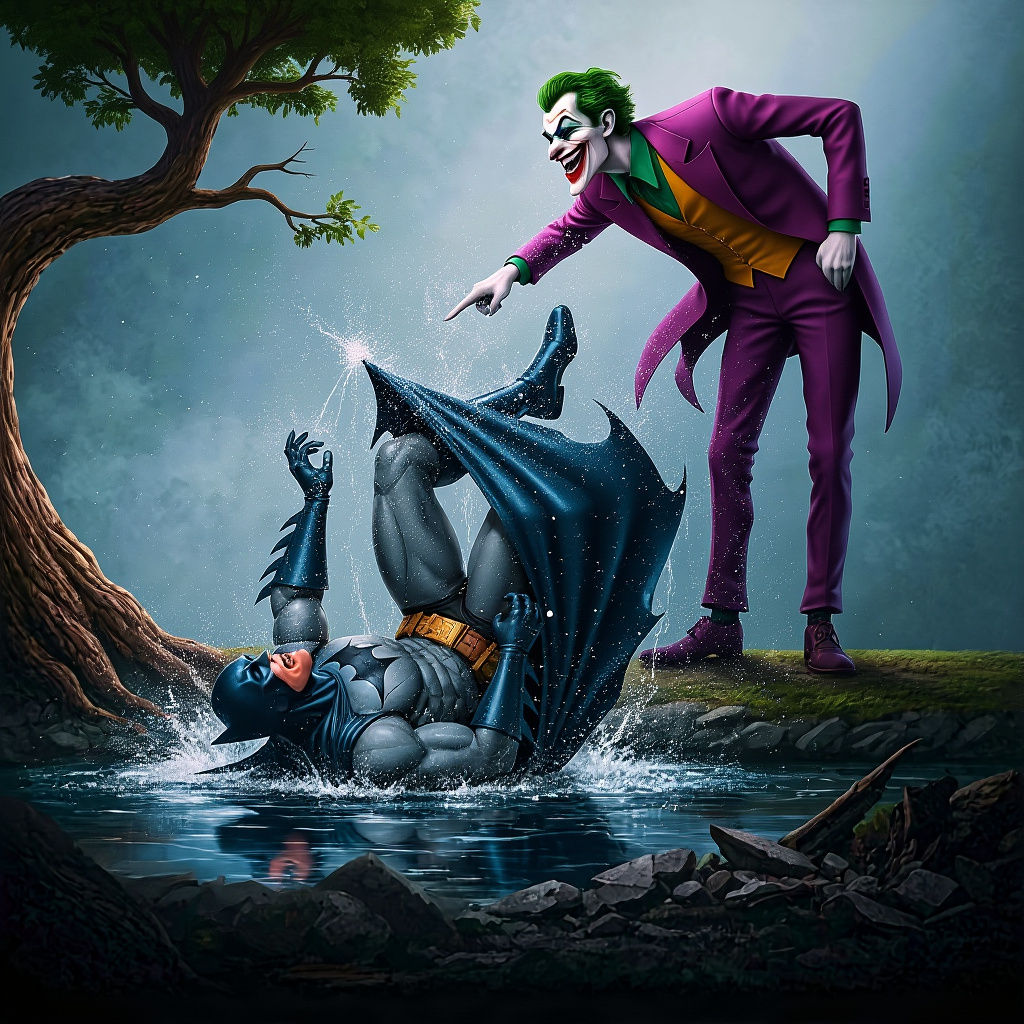 Ha-ha-ha! I told you, Batsy… get a shorter cape!  by @The Nights Sky