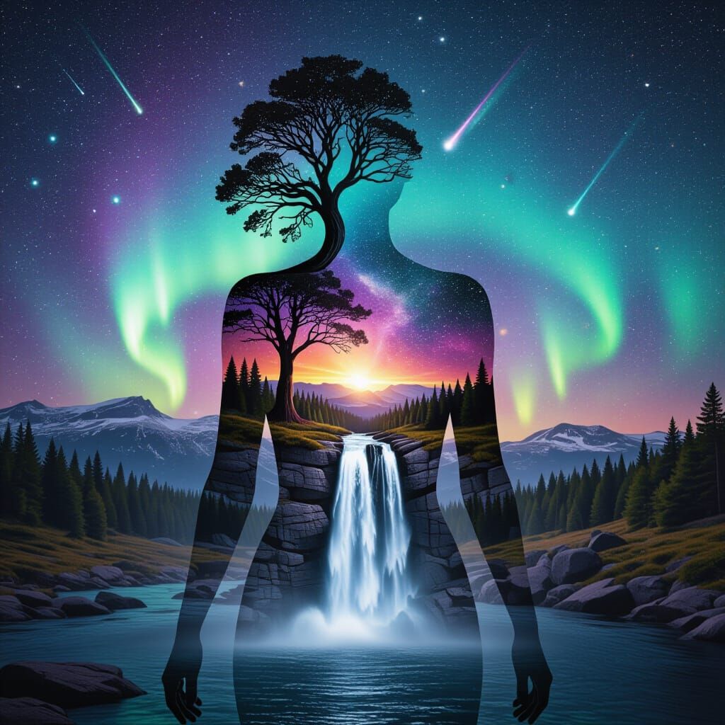 Surreal Chrome Woman with Nature and Galaxy