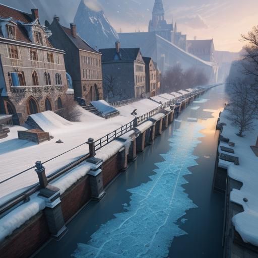 A canal with frozen water, during the winter