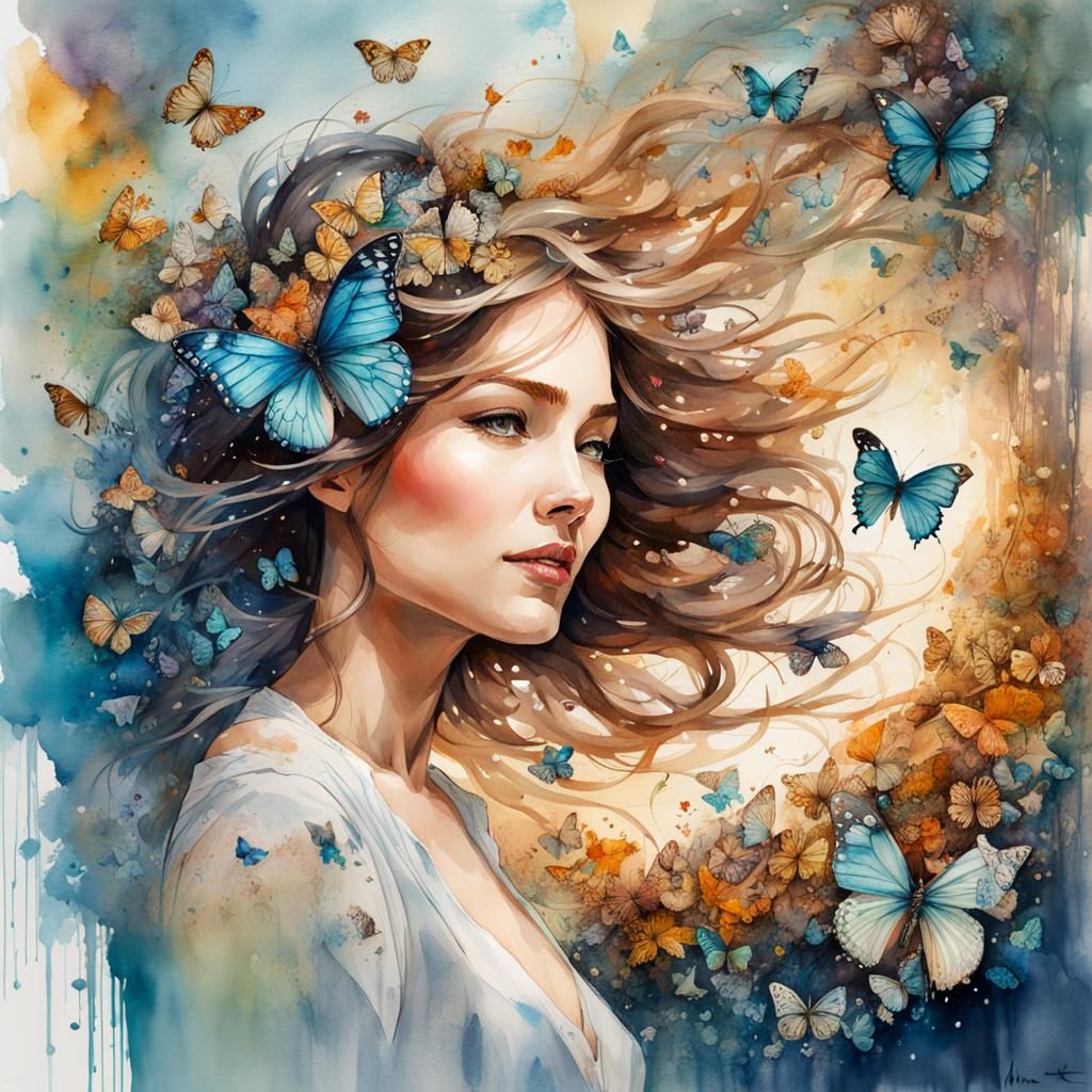 Woman smiling with butterflies flying out if her  hair  insa...